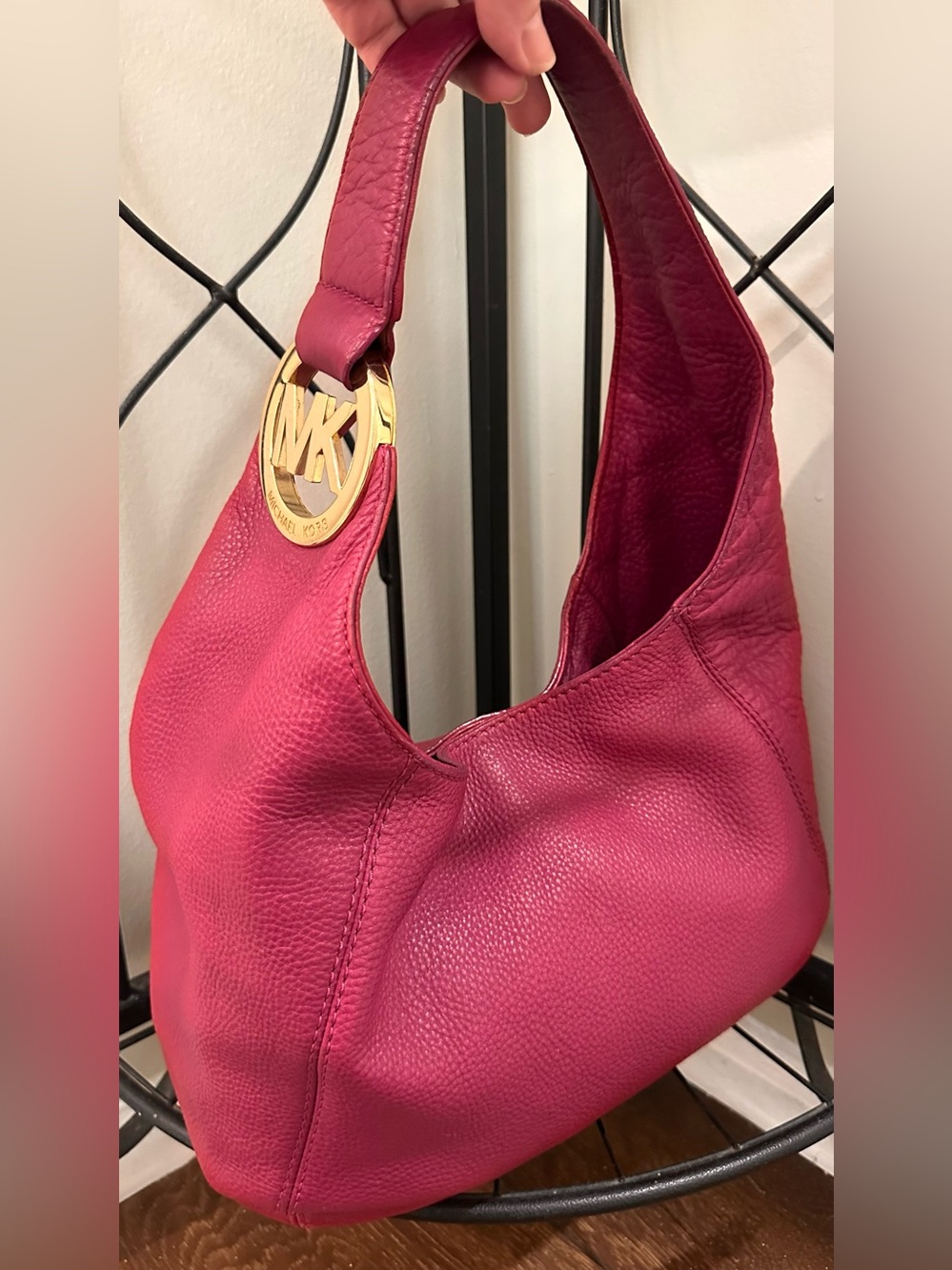 Michael Kors Raspberry Pink Pebbled Leather Hobo with Gold MK Charm